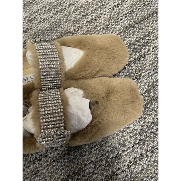 Jimmy Choo Faux Fur & Rhinestone Embellished Flats Size 37 Beige - Picture 5 of 8